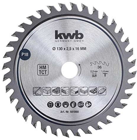 kwb 581868 Hoja de sierra circular de precisión para madera y madera dura, Hoja de sierra de precisión fina, 130 x 16 mm