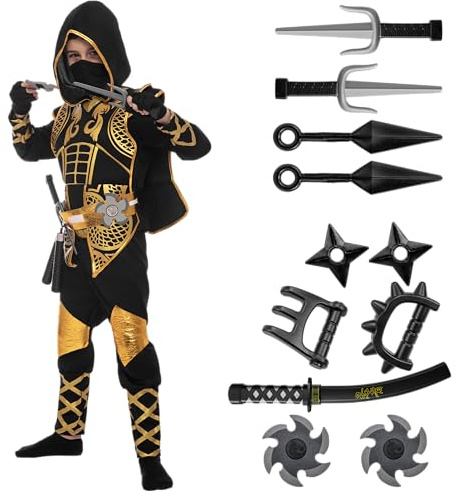 Spooktacular Creations Juego de disfraces Golden Ninja Deluxe con accesorios de espuma Ninja Juguetes para niños Traje de Kung Fu Ideas para Halloween