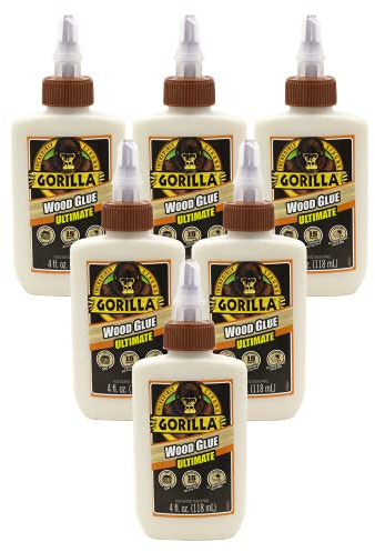 Gorilla Ultimate Waterproof Wood Glue, Natural Wood Color, 4 Ounce (Pack of 6) - Waterproof for Indoor or Outdoor Projects and Repairs