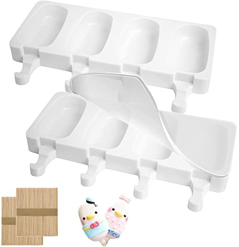 Nenkarn Lot de 2 Moules a Glace Silicone, Moule Magnum Cake, Popsicle Moule avec 2 Couvercles et 100 Bâtonnets en Bois pour la Crème Glacée DIY (Blanc)