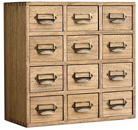 KIRIGEN Wood Desktop Drawer Organiser, 12 Mini Drawers Storage Cabinet with Metal Handle and Label Holder, Paulownia Chest for Office Supplies, Crafts, Tea and Jewellery, 36x16x35 cm, Brown(12CG-DBR)