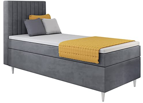 MartHome Boxspringbett Einzelbett mit Bettkasten Porto - Boxspringbett mit Bettkasten - Praktisches Bett, Polsterbett - Boxspringbetten Bonell Matratze - Bett mit Topper | Links (Grau 182, 90x200cm)