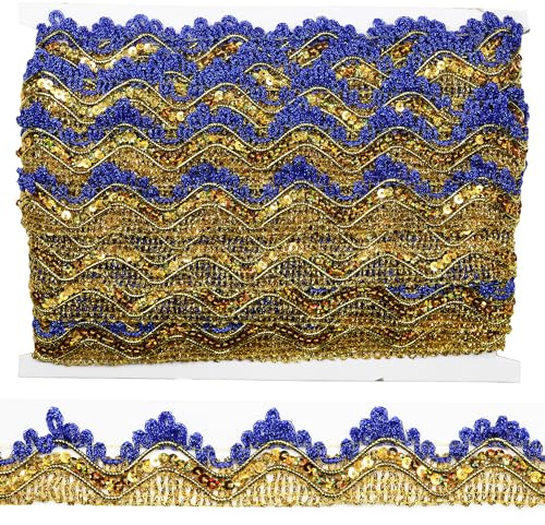 Tibaoffy Long 14 Yard Wide 35mm/1.37inch Blue Gold with Gold Sequins lace Trim Decorated Gimp Trim Craft Ribbon for DIY Craft Sewing Fabric