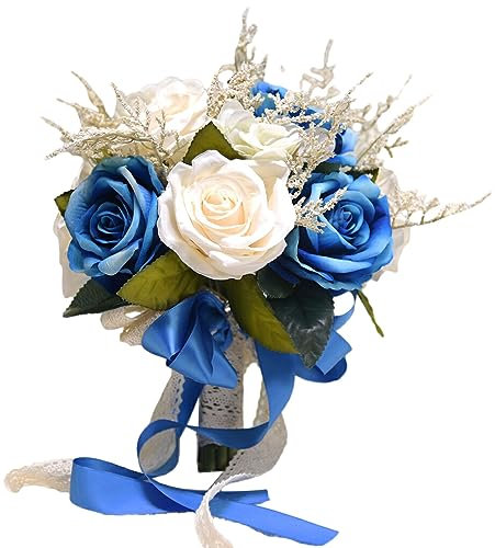 HOJIOESRD Look de Mariage avec des Fleurs à la Main de différentes Couleurs, Fleurs artificielles en Tissu, Fournitures de Mariage, Bouquet de mariée, Bleu Blanc Laiteux