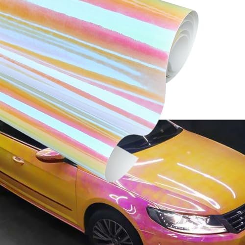 Blueshyhall Bilfilm med kameleonteffekt, bilfilm krom glänsande orange gul och rosa, metallisk bilomslag, vattentät självhäftande utomhusfilm för bil (50 x 135 cm)