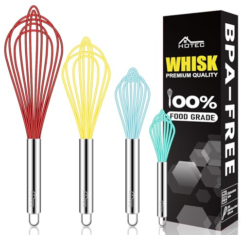HOTEC 4 Pieces Silicone Whisks Set, Wire Balloon Whisks for cooking Egg Beater, Non-slip Handle Whisk for Non-stick Cookware Perfect for Cooking, Stirring, Beating and Blending (Multicolor)