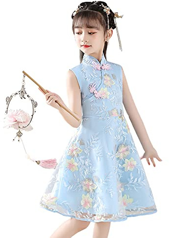 UnoSheng Pantalons Fille Enfant Bébé Fille Enfant Fée Hanfu Robes sans Manches pour Calendrier Chinois Nouvel An Princesse Robes Broderie Tang Costume Performance Costumes Deux Pièces Filles, bleu,