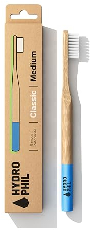 HYDROPHIL - Classic - Bambuszahnbürste Erwachsene - Nachwachsende Holzzahnbürste - 4er Pack - Natur/Blau (Medium, 4, stück)