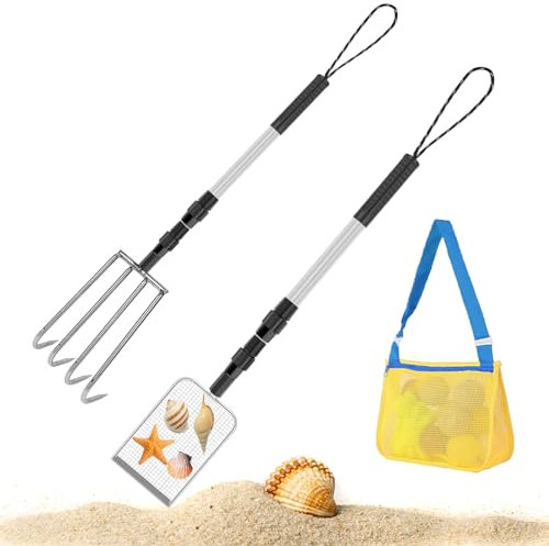LOOPES 3PCS Kids Beach Sand Toys Kit,Telescopic Beach Spade Beach Rake Mesh Beach Bag Tool for Shell Collecting,Beach Sifter Toy,Beach Scoop Shovel Toys for Adults Kids Picking Up Shells&Rocks