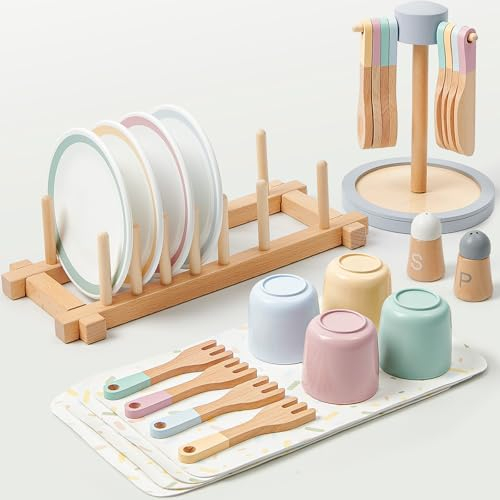 Atoylink Kinderküche Zubehör Holz, 33 Pcs Geschirrset mit Tassen Teller, Spielküche Zubehör Geschirr Teeservice Kinder Küchenzubehör Spielzeug Rollenspiel Geschenk für Mädchen Jungen 3 4 5 6 7 8 Jahre
