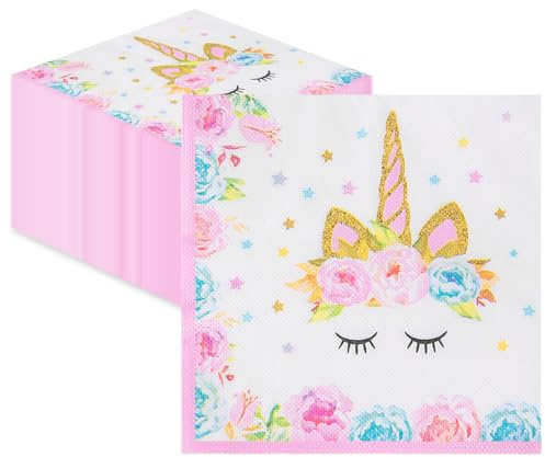 40 Piezas Servilletas Cumpleaños, Unicornios Servilletas Pape, Servilletas con Motivo de Unicornio, Servilletas de Decorativas de Unicornio Servilletas de Papel Desechables Decoración de Mesa