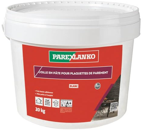 PAREXLANKO - Colle en pâte pour plaquette de parement - Blanc - Colle prête à l'emploi pour la pose de plaquettes, briquettes et pierres de paremnt - Murs intérieurs - 20kg