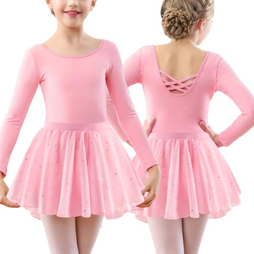 FEOYA Girls Ballet Dress Long Sleeve Dance Leotard with Skirt Outfit Gymnastics Ballerina Costume Cross Straps Sequin Dancewear for 3-4 Years Pink
