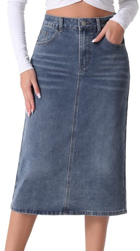 Allegra K Gonna in Jeans da Donna a Vita Alta Midi Gonna Denim Elasticizzata Vintage con Comfort Primavera Estate Grigio Blu L