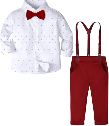 mintgreen Ropa Bebe Niño de Boda, Traje de Bautizo para Niños Conjunto de Ropa de Manga Larga con Pajarita, Blanco y Rojo, 5-6 Años, 130