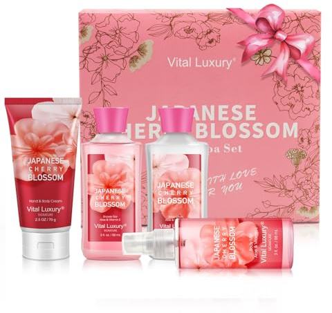 Bath and Body Care Gift Set for Women and Girls, Personal Self-Body Care Travel Set, Japanese Cherry Blossom Spa Home Set with Natural Extracts, 4 Pack - Shower Gel, Body Lotion, Body Mist, Hand Cream