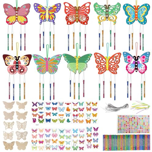 NVGVUP 10 Pcs Bricolage Papillon Carillon à Vent, Papillon Artisanat en Bois à Peindre, Carillon à Vent Créative Décoration Suspendue Kit pour Enfants Cadeau Anniversaire Jouet Party