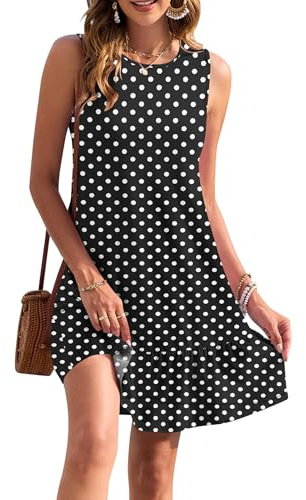 AUSELILY Abito Estivo da Donna Corto Senza Maniche Abito da Spiaggia da Donna con Volant Abito Estivo a Girocollo con Tasche Points Noirs L