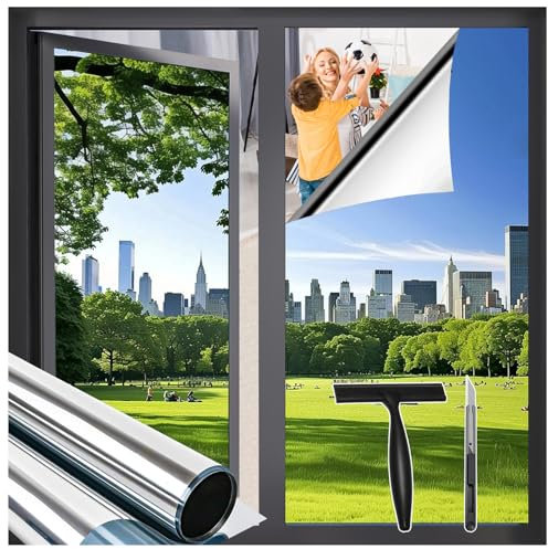 Zindoo Fensterfolie von Innen Durchsichtig von aussen Blickdicht Tageszeit, 105 x 200 cm UV-Schutz Sichtschutzfolie Selbstklebend Silber Thermofolie, Rückstandslose Sonnenschutz Folie