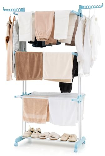 GOPLUS Étendoir à Linge 4 Niveaux, Support Pliable pour Vêtements avec 3 Plateaux Rétractables, 2 Ailes, 1 Étagère à Chaussures Inférieure, Étendage à Linge Mobile avec 4 Roues (Bleu)