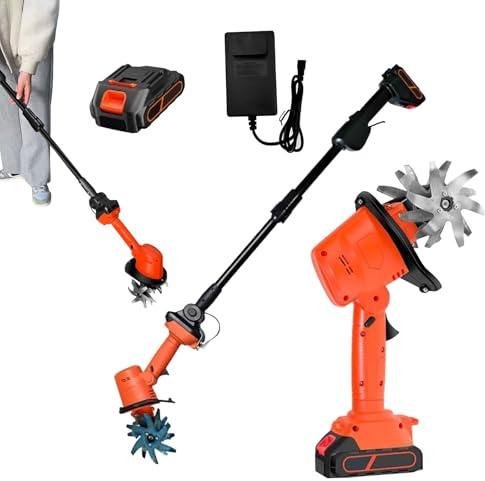 Cordless Mini Tiller Cultivator, Handheld Electric Garden Tillers, Cultivator Garden Tool with Rechargeable Lithium Battery and Telescopic Pole, Soil Tiller Rotavator for Farm, Yard, Lawn(With pole)