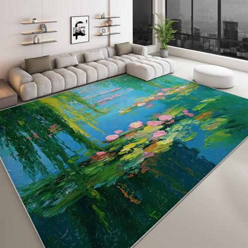 Tappeto Lavabile in Lavatrice 80 x 150 cm Stile Pittura a Olio, Pelo Corto Antipelo Antiscivolo - Tappeto Stampato Lago Salice Fiori Foglie per Soggiorno Camera da Letto Cucina Corridoio e Ufficio