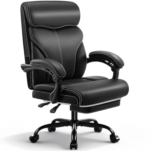 Coscendo Executive Office Chair with Footrest & Armrests, 180kg, Black | Faux leather upholstery, high backrest with recline function, height adjustable swivel chair for office & home office