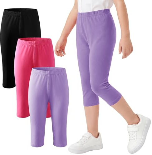 FILOWA Leggings för flickor, bomull, 3-pack, capribyxor, enfärgade, caprileggings, 3/4, stretchbyxor med elastisk midja, cykling, sportbyxor, fritid, stretchbyxor, utomhus, sommar, för barn, storlek