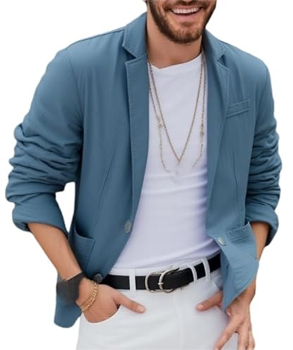 Genérico Americana Hombre Casual, Chaqueta Informal Tipo Blazer para Hombre, Abrigo Deportivo, Elegante Chaqueta De Traje De Lino De Dos Botones, Ligera, De Corte Regular, con Solapa para Exteriore