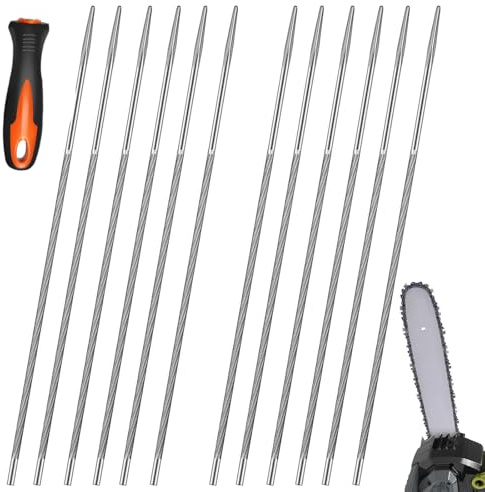 12 PCS Lime Tronconneuse 4mm, avec 1 Plastique Poignée, pour Réparation | Lime Chaine Tronconneuse,Lime Ronde en Acier Haute Résistance, Facile à Tenir, pour Chaîne DIY Scie Précis Affûtage Polissage