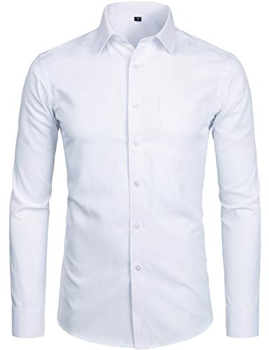ZEROYAA Men's Long Sleeve Dress Shirt Solid Slim Fit Casual Business Formal Button Up Shirts with Pocket ZSSCL01 White Large