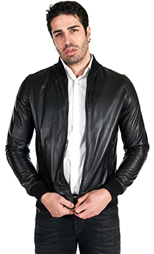 D'Arienzo - Bomber Giacca in Pelle Uomo Nera Vera Pelle Primavera Giubbino Made in Italy Nero/52