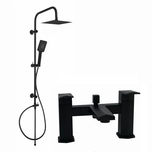 ENKI, Milly, BBT0175, Matte Black, Bath Shower Mixer Taps with Dual Rigid Riser Rail, Contemporary Geo Inspired Handle, Solid Brass, Easy Clean, Modern Design, Easy to Install, 10-Year Guarantee