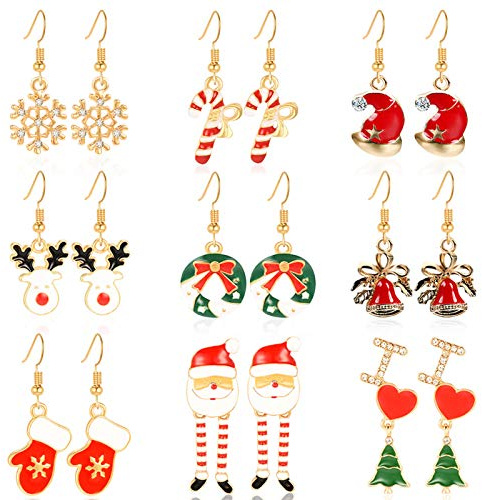 HOWAF 9 Orecchini Pendenti Natale per Donne Ragazze Regali Gioielli Natale Dangle Goccia Orecchini, Fiocchi di Neve Guanti Renna Albero di Natale Babbo Cappello Campana Ghirlanda Canna Orecchini