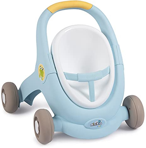 Smoby 210207 - Minikiss Baby Walker Croc 3 en 1 para niños + cochecito + asiento para muñecas y muñecas, cinturón de mantenimiento - Sistema de frenos de ruedas - Azul