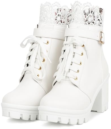 BEAUPAS Women's Platform High Heels Chunky Boots Lace Up Gothic Ankle Booties Block Heel Buckle Punk White Boots for Women Shoes(White,8.5)