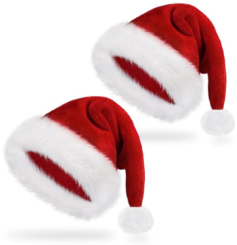 benpen 2 PCS Santa Hats for Adults Luxury Father Christmas Hats Bulk Plush Xmas, Velvet Comfy Santa Claus Outfit for New Year Festive Party Supply, Thicken Classic Fur Decorations