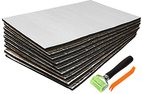 sourcing map Tapis d'isolation Phonique 10mm Voiture Porte Isolant Thermique Capot Moteur Coffre 9pcs 50x30cm avec Outil Démontage Rouleau