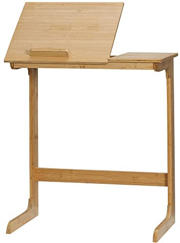 HOMCOM C-förmiger Bambus-Sofatisch, Wohn- und Schlafzimmertisch mit 5-stufig kippbarer Platte