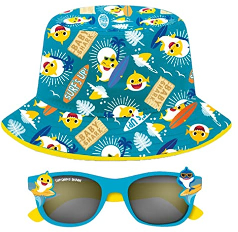 Baby Shark Lunettes de soleil et chapeau cloche d'été pour enfant Protection UV 100 %, bleu