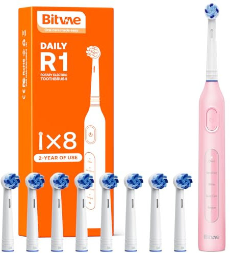 Brosse à dents électrique pour Adultes et Enfants，Brosse à dents Rotative avec 8 têtes de Brossage, 60 jours d'autonomie de la Batterie, 5 Modes, Rose