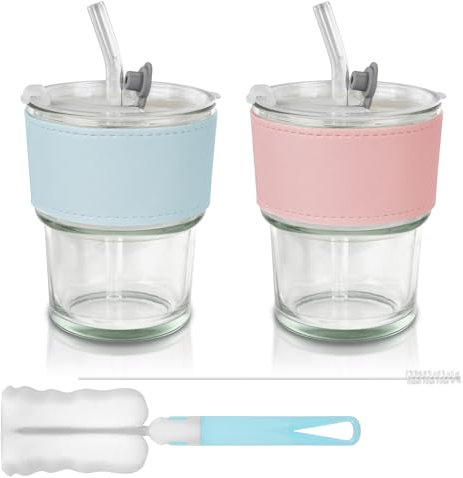 Mulaibdin 2 Pz Vasos con Tapa y Pajita, Vasos Cafe Cristal Reutilizables, Bubble Tea Cup Glass 380 ml con Cepillo Limpia Botellas, Vasos de Cristal Agua para Cola,Batidos,Cerveza,Bebida (Transparente)