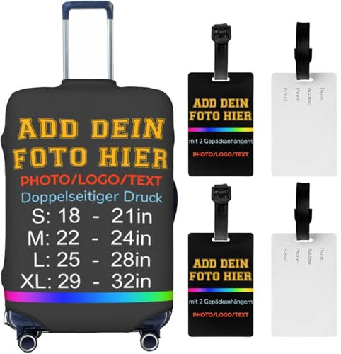 Personalisierter Reisekoffer-Schutz - Mit 2 Stück Kofferanhänger Personalisierte Individuelle Kofferschutzhülle - (4 Größen) - Doppelseitig Designs - Füge Dein Eigenes Foto, Namen, Text Hinzu