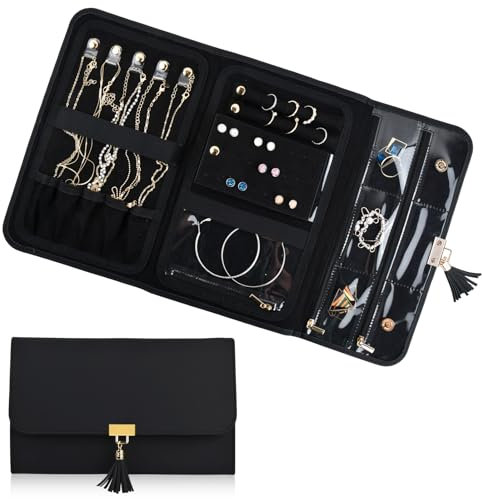 Borsa Organizzatore Portagioie Pieghevole e Impermeabile - Rotolo per Gioielli da Viaggio per Orecchini, Collana, Bracciali (Nero)