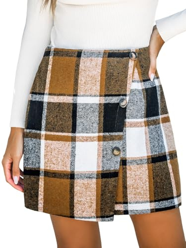 CUPSHE Minifalda a cuadros para mujer, con botones frontales, estilo cruzado, para otoño e invierno, Tartán marrón, M