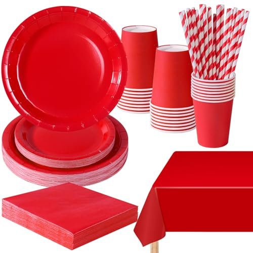 PYAILI Anniversaire Vaisselle de fete 121 Pièces Rouge Party Assiettes en Papier Set Assiettes de Fête Papier Tasses Serviettesr, pour Barbecue les Fêtes les Pique-niques -24 Invités