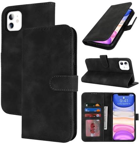 Zouzt Fodral för iPhone 11 (6,1 tum), premium PU-läder plånboksfodral med kreditkortshållare, ficka, flip folio, stativ, stötsäkert, skyddande telefonskydd (vintage svart)