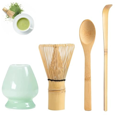 4 Pezzi Kit Frusta Matcha con Cucchiaio & Supporto Ceramica, Frustino Tè Bambù Naturale, Accessori Cerimonia Matcha Perfetto, Set Tè Giapponese Tradizionale per Regalo Compleanno, Natale (Ciano)