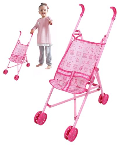 HoveeLuty Poussette de poupée Pliable à Motif de Dessin animé avec Ceinture sécurité en T et poignée poussée, Poussette poupée Amovible et Lavable pour Filles, Jeu rôle, Style 1