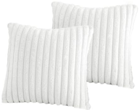 Gdrghe 2 Pack White Cushion Covers 18x18 Inch 45x45cm Double Sided Fluffy Striped Cushion Covers with Hidden Zipper for Sofa Bedroom Seasonal Decor (White)